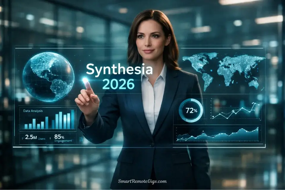 A high-tech hero image featuring a photorealistic Synthesia avatar in a corporate office setting, with a holographic interface showing global analytics and the year 2026.