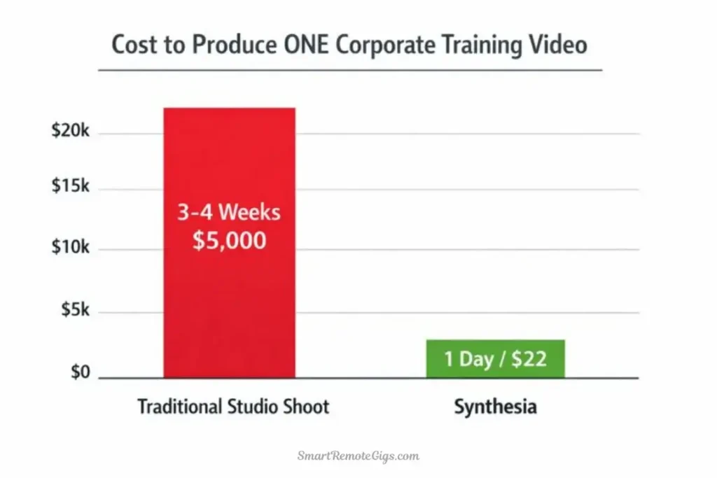 A bar chart comparing the high cost of traditional video production versus the low cost of Synthesia AI video creation.