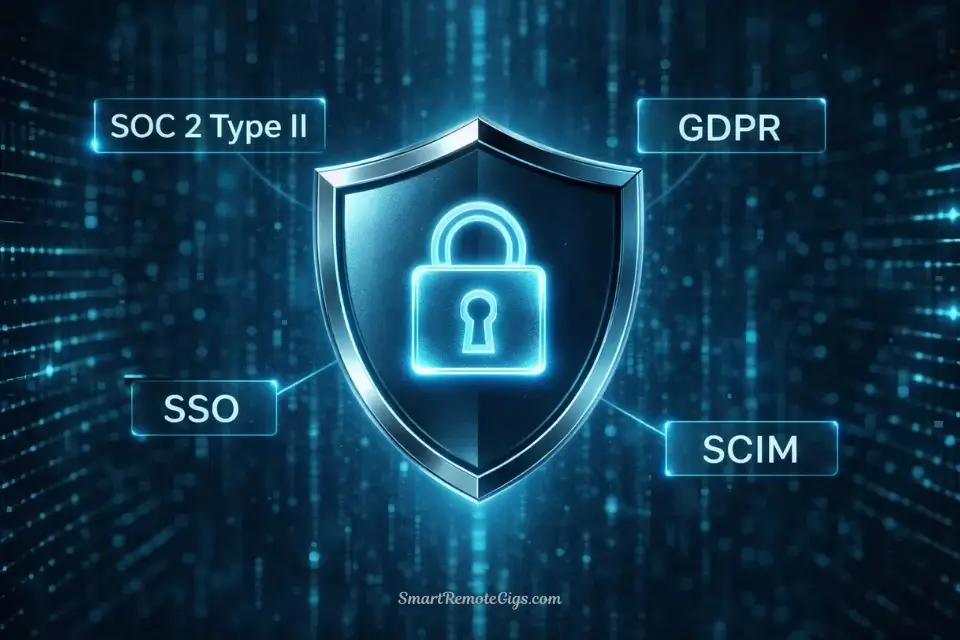 A graphic shield illustrating Synthesia's SOC 2 compliance, SSO integration, and enterprise-grade security layers.
