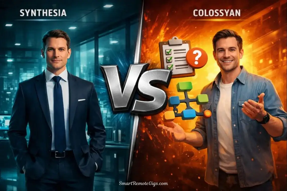 A split-screen 3D illustration. Left side: A polished Synthesia avatar in a corporate office (Teal lighting). Right side: A Colossyan avatar next to a quiz interface and branching path (Orange lighting). Center: A "VS" icon.