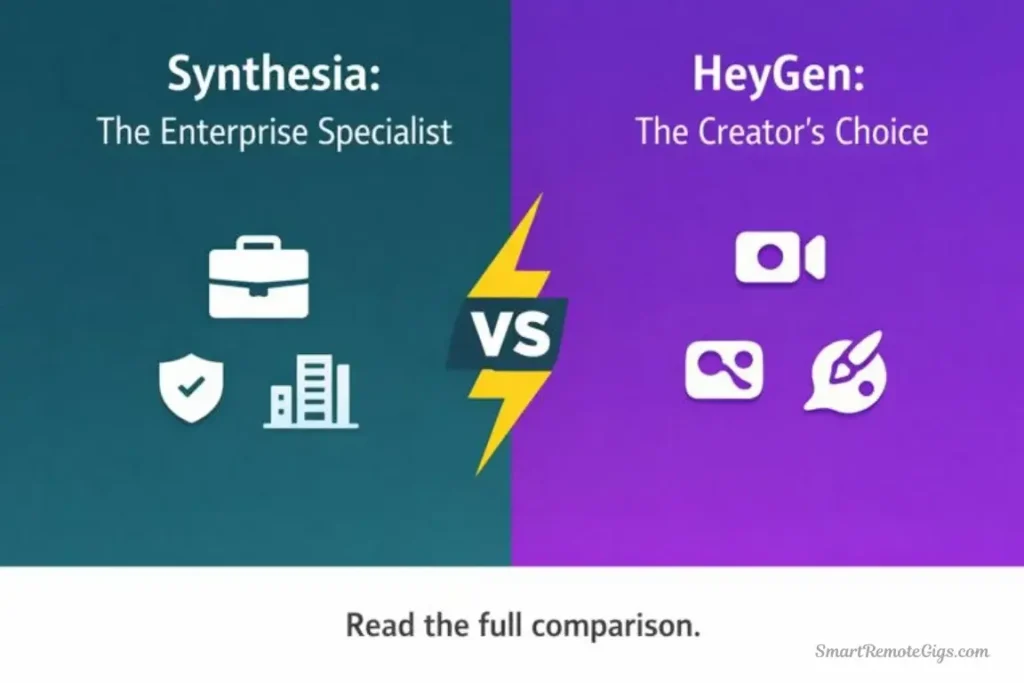 A comparison graphic putting Synthesia against HeyGen, highlighting Synthesia as the Enterprise choice and HeyGen as the Creator choice.