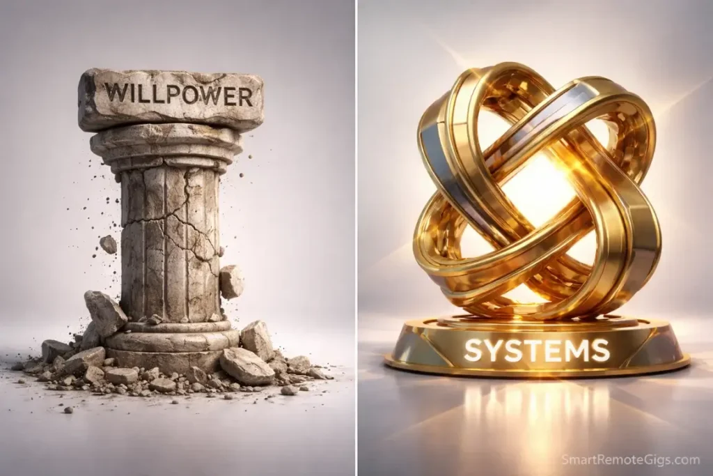 A visual comparison showing the fragility of willpower versus the strength of systems.