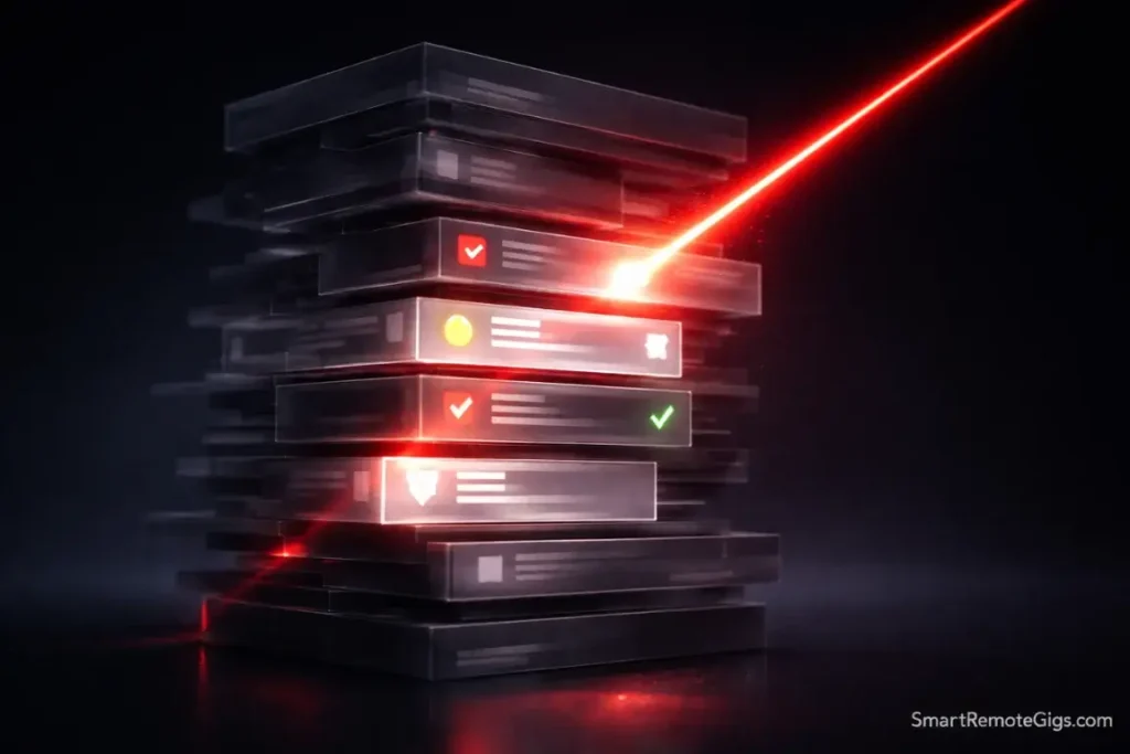 A red laser beam filtering through layers of data, representing Todoist's filter views.