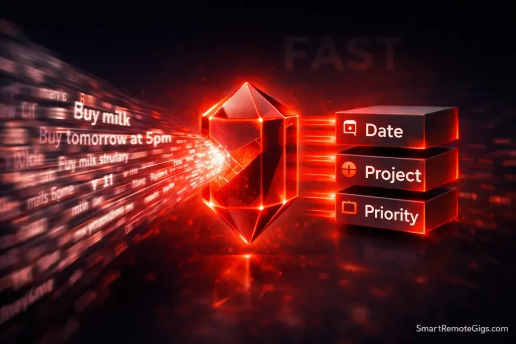 A visualization of natural language processing turning text into organized tasks instantly.