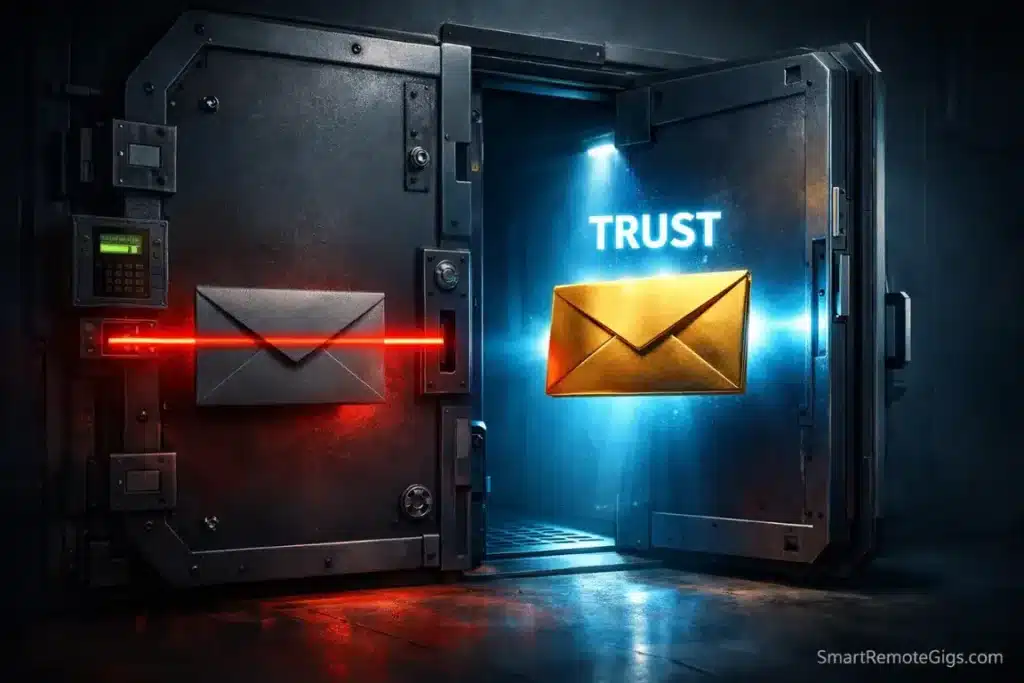 A high-tech security door allowing a golden "trust" envelope through while blocking a grey "spam" envelope.