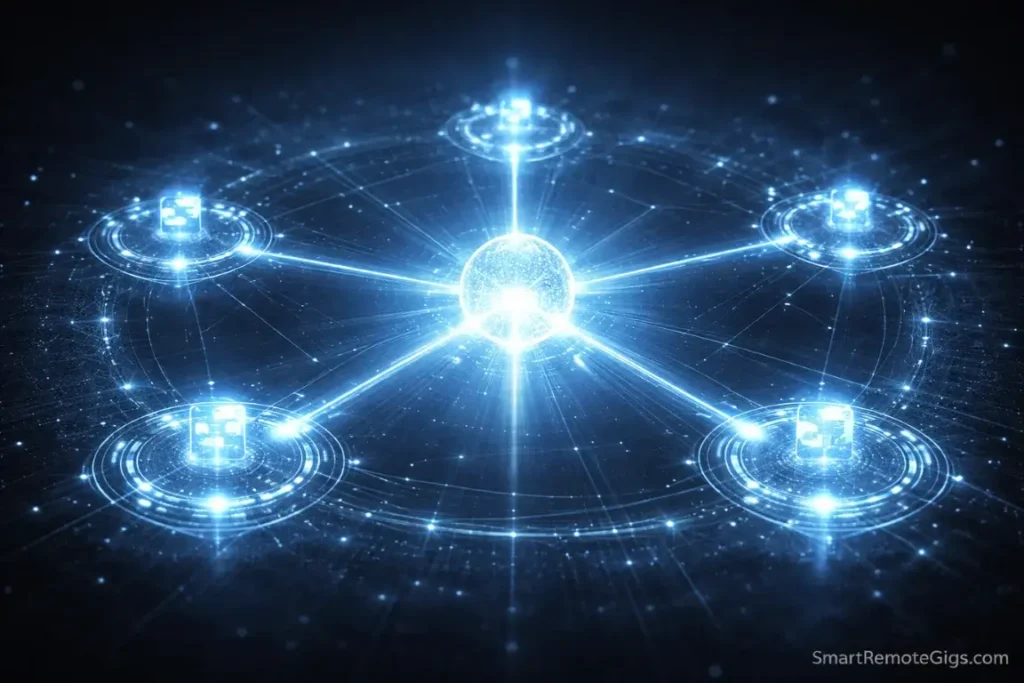 A central node connected to orbiting nodes, representing a scalable Virtual Assistant agency model.