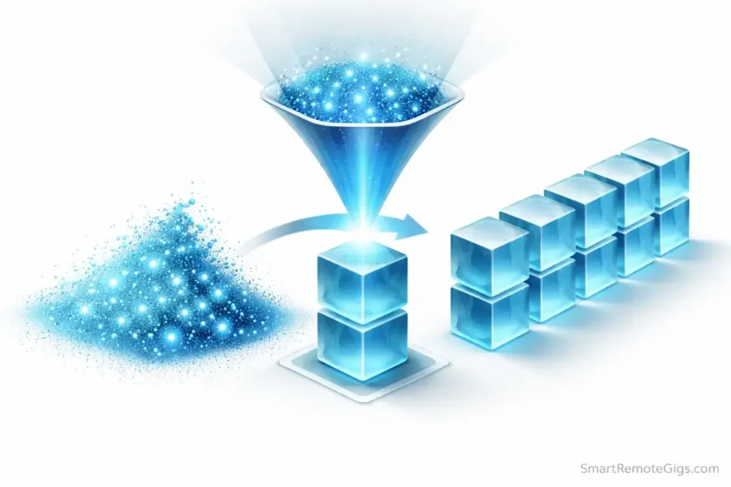 Abstract visualization of loose particles being compressed into solid crystal cubes, representing turning hourly work into fixed packages.