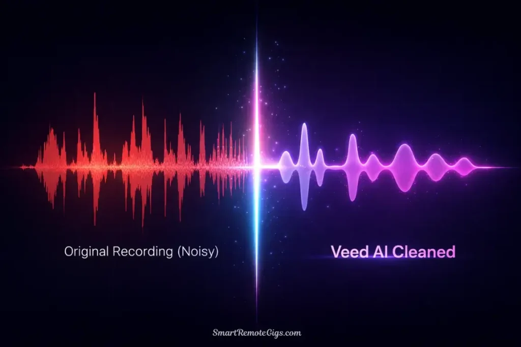 A split-screen visualization of an audio waveform. The left side is messy and labeled "Noisy Coffee Shop." The right side is clean and labeled "Veed AI Cleaned.