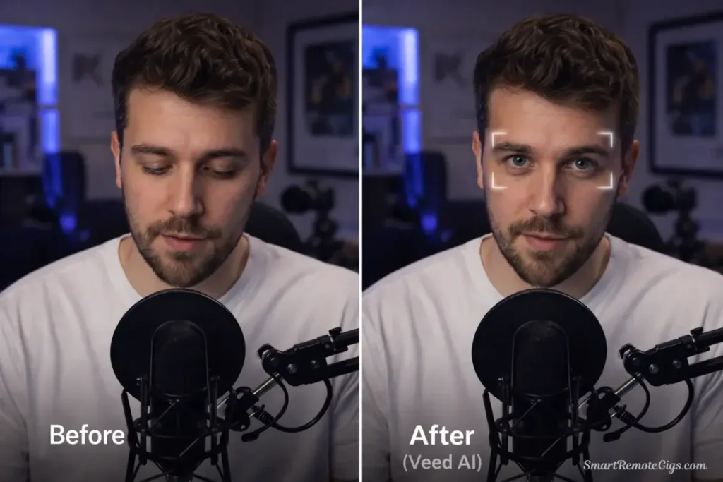 A side-by-side comparison of a person speaking. On the left, they are looking down at notes. On the right, Veed's AI has corrected their eyes to look at the camera.