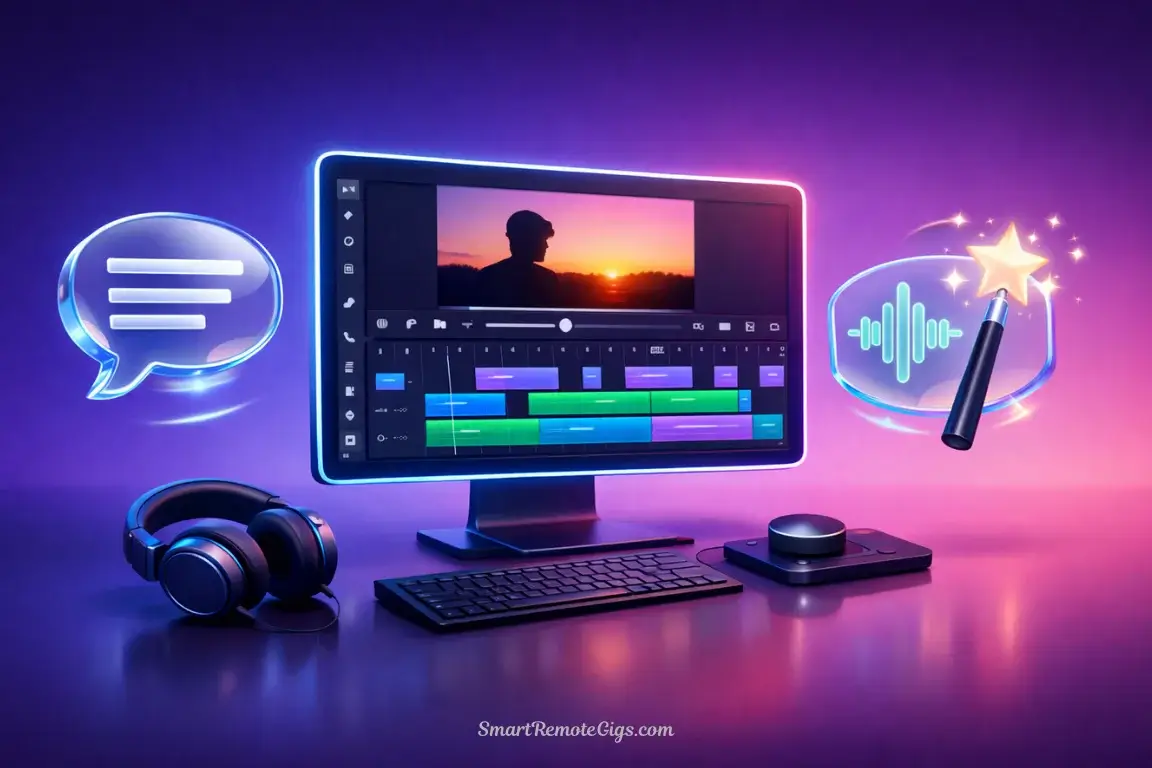 A creative, high-tech hero image showing the Veed.io interface floating above a desk, surrounded by glowing icons for subtitles, audio waves, and video clips.