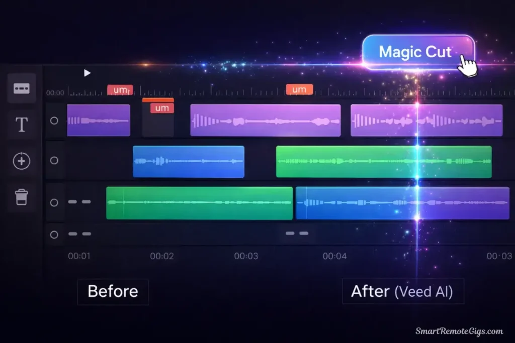 A graphic representation of a video timeline showing silence gaps and filler words being automatically identified and removed by Veed's Magic Cut tool.