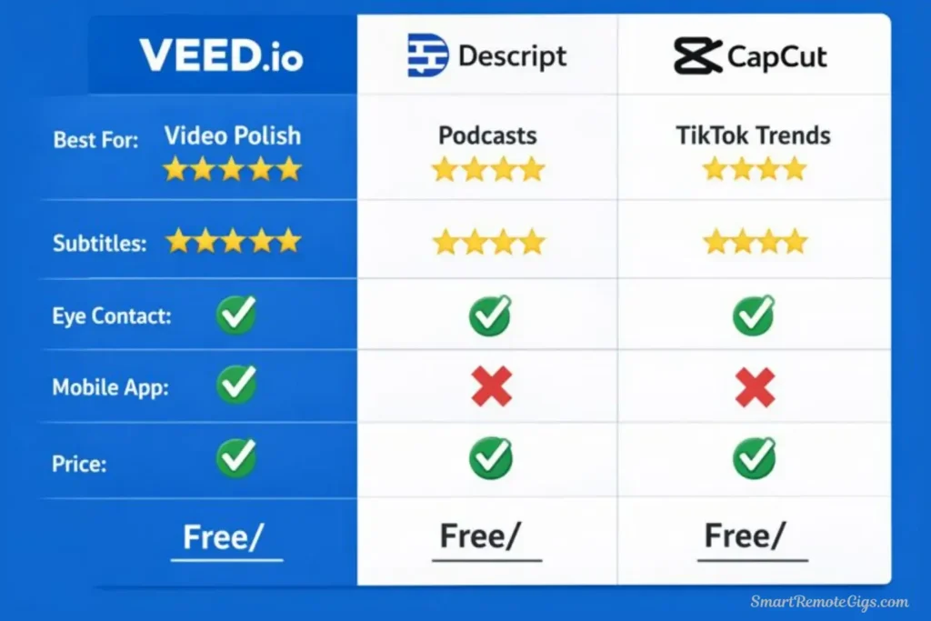 A feature comparison matrix pitting Veed.io against Descript and CapCut, highlighting Veed's strength in video-first editing.