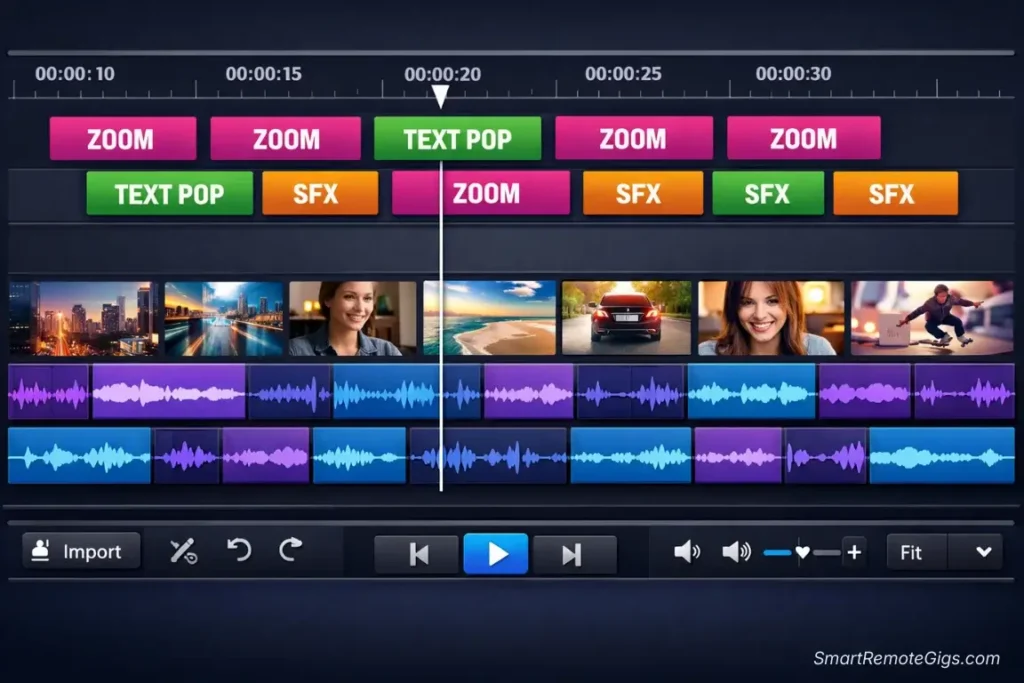 A screenshot-style illustration of a video editing timeline showing cuts, zooms, and text overlays happening every 3 seconds.