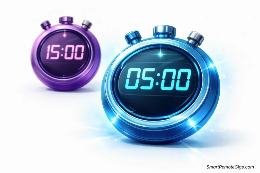 A visual comparison of generation times. A stopwatch for InVideo reads '5 Minutes', while a stopwatch for Pictory reads '15 Minutes'.