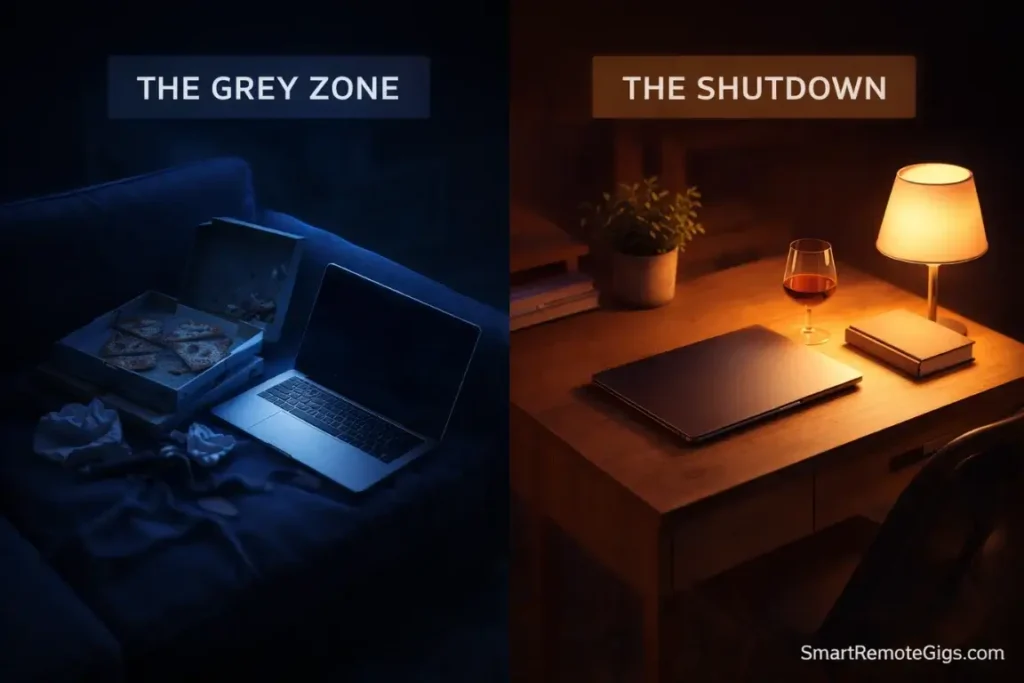 A comparison between a messy, never-ending workday and a clean, intentional shutdown.