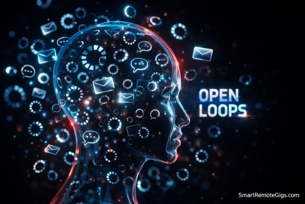 A 3D illustration of a brain cluttered with loading circles and notifications, representing the Zeigarnik Effect.