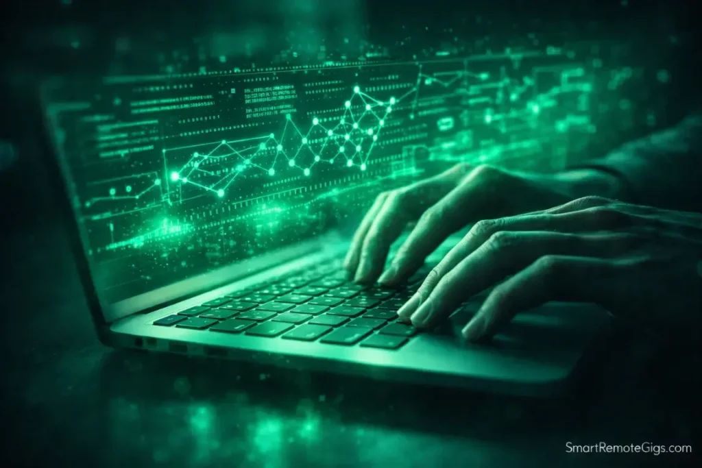 A close-up of a student or worker training an AI model via a glowing green holographic interface.