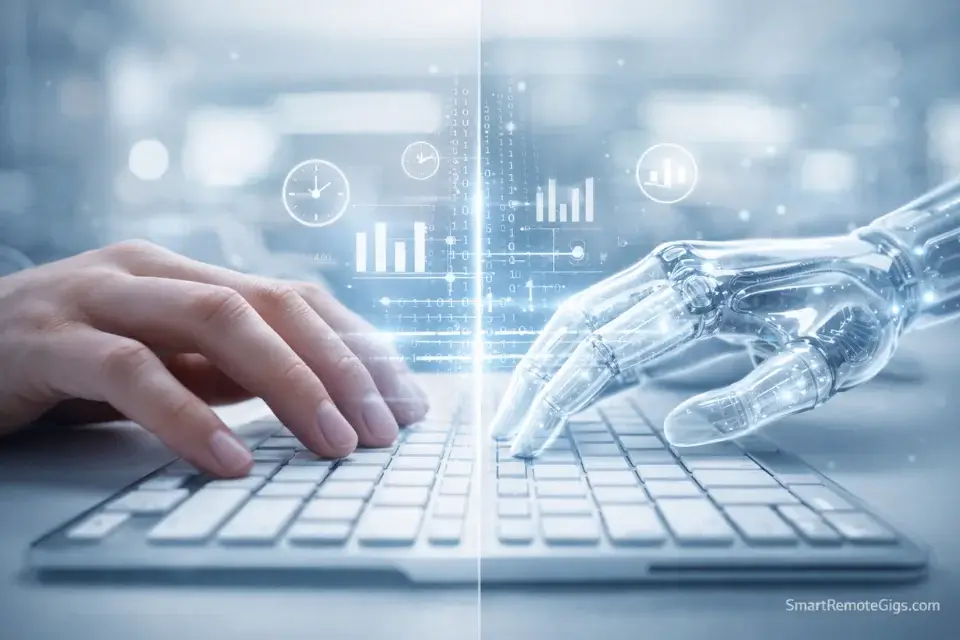 Artistic representation of human-AI collaboration in remote work, showing a robot hand assisting a human worker.