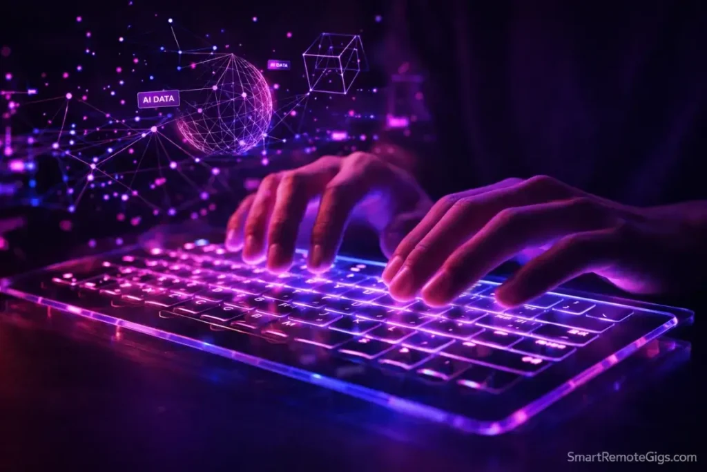 A student performing AI data training work with holographic interface.