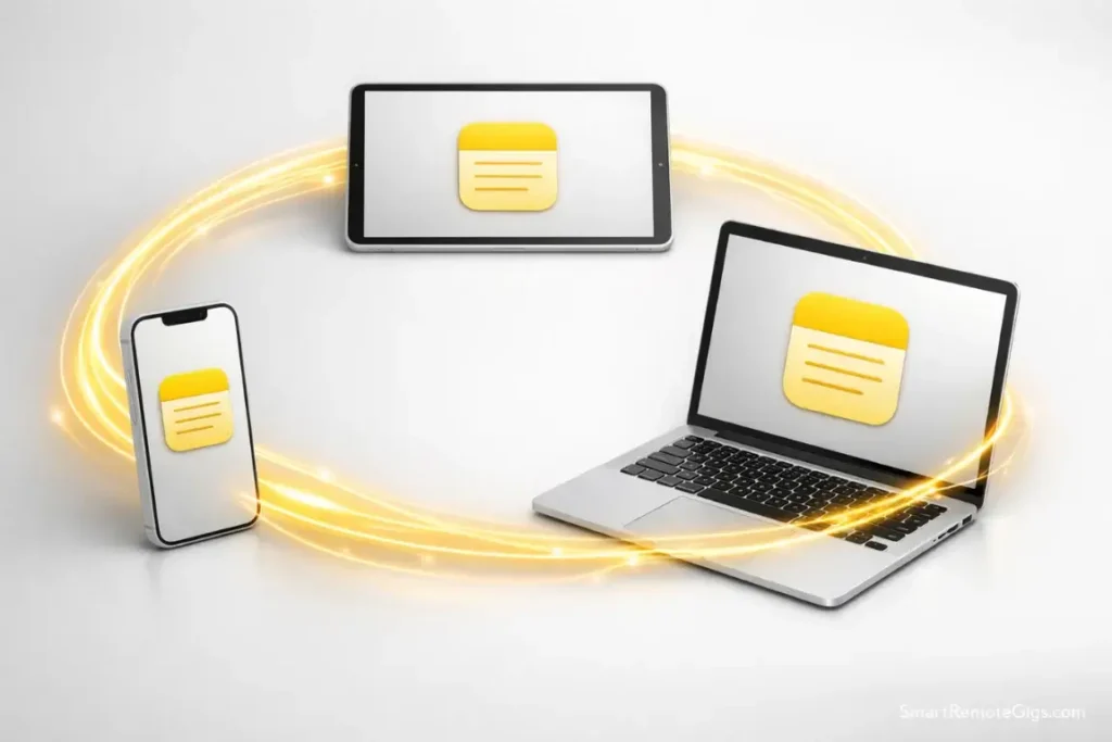 Apple devices connected in a seamless ecosystem for note-taking.