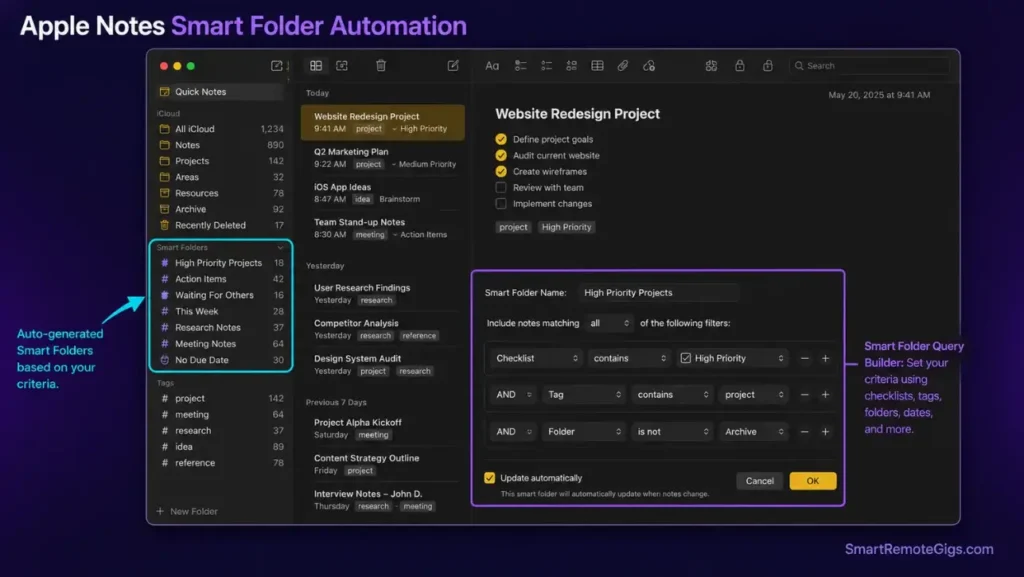Screenshot of Apple Notes Smart Folder settings filtering notes by tags and checkboxes.