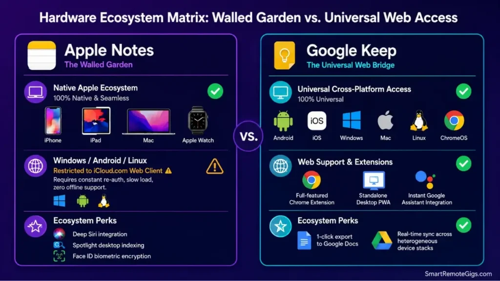 Matrix infographic comparing device compatibility and platform access between Apple Notes and Google Keep across iOS, Android, Mac, and Windows.