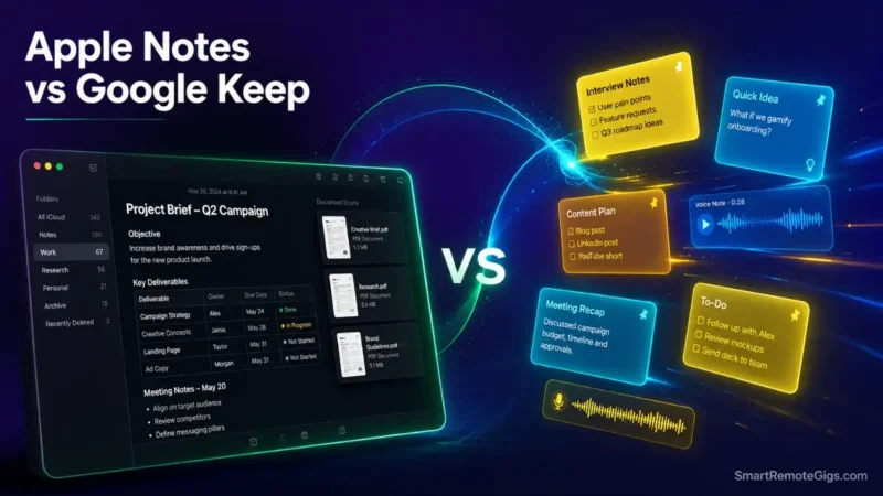 Apple Notes vs Google Keep 2026 comparison guide hero visual showing structured rich text notebooks contrasting with instant color coded scratchpads.