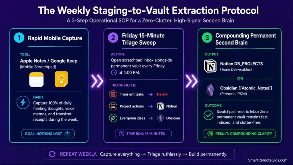 Workflow diagram illustrating the weekly staging-to-vault extraction SOP moving notes from Apple Notes and Google Keep into Notion or Obsidian.