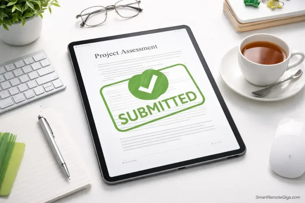 A tablet showing a submitted project assessment, representing the stress-free async interview process.