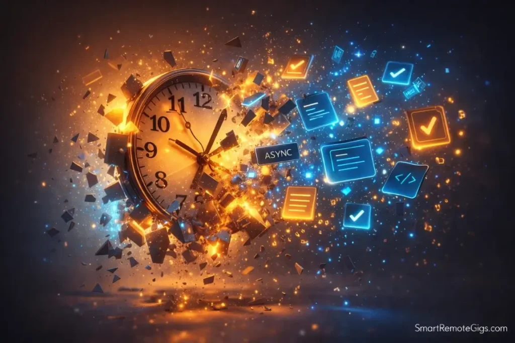 An analog clock shattering into digital nodes, representing the shift to asynchronous flexible work.