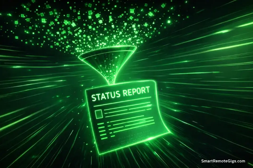 A visual metaphor for distilling scattered notes into a concise weekly status report.