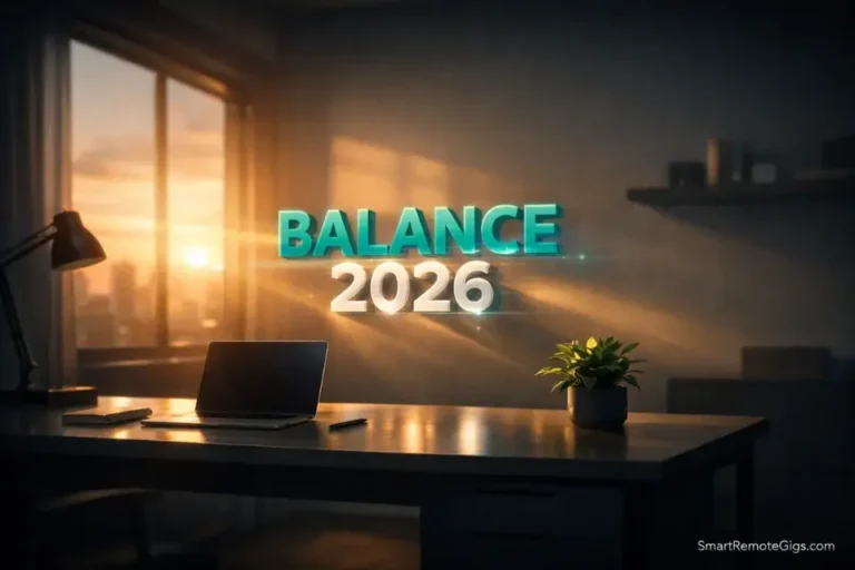 A serene, high-end home office with 3D holographic text for balancing remote work.