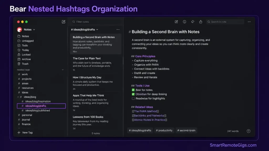 The minimalist Markdown writing interface of Bear 2.0 showing a live rendering editor and nested hashtag organization.