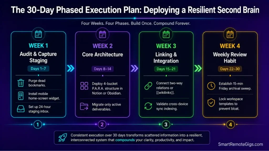 30-day implementation roadmap showing the weekly phased process for setting up a second brain note-taking system.