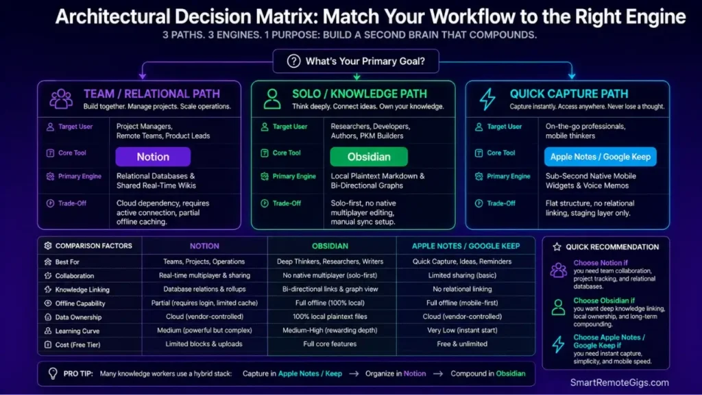 Decision tree comparison matrix helping users choose between Notion relational databases, Obsidian local Markdown graphs, and native scratchpads.