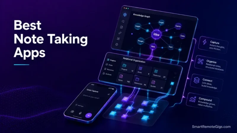 Best note taking apps 2026 guide hero visual showing an interconnected second brain knowledge graph and relational workspace illustration.