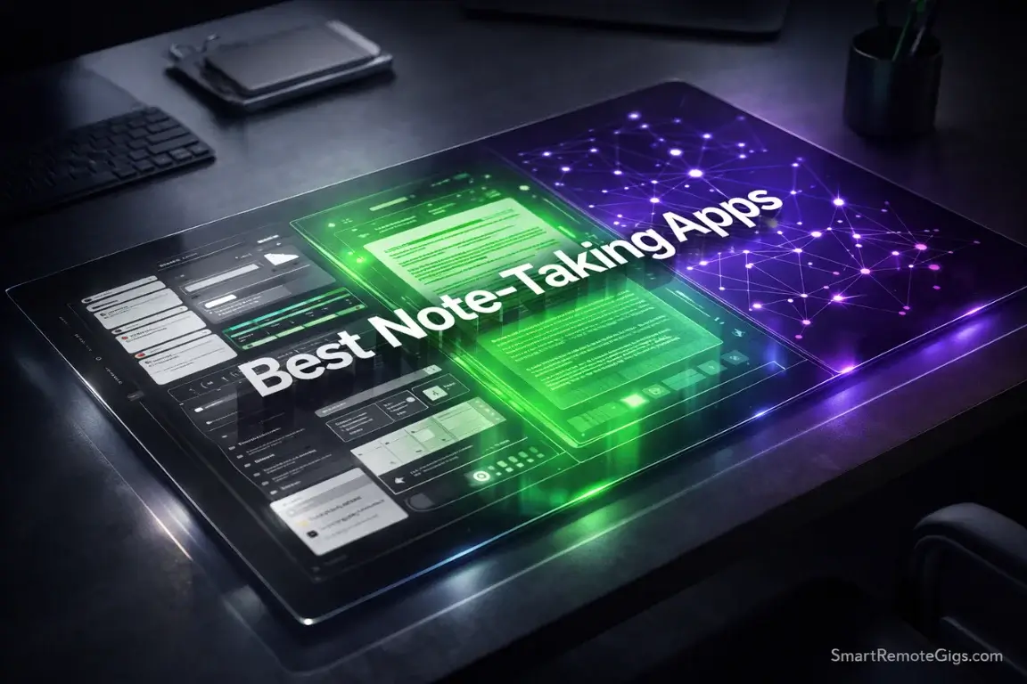 A futuristic digital workspace displaying the best note taking apps of 2026 with holographic interfaces.