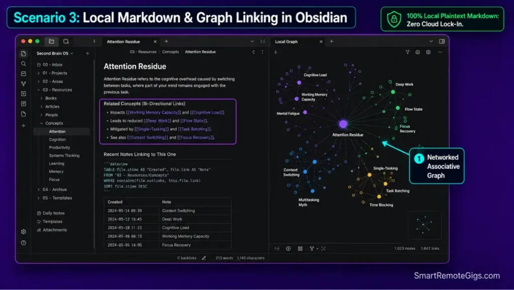 Obsidian desktop interface screenshot demonstrating bi-directional note linking, Dataview queries, and an interactive local knowledge graph.