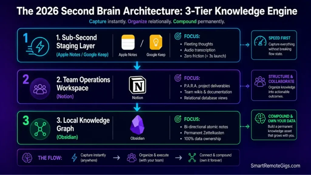 Infographic diagram illustrating the 3-tier second brain architecture separating fast capture, team project databases, and local knowledge graphs.