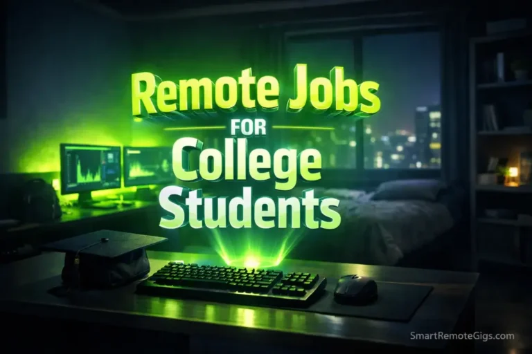 A high-tech student dorm room setup with a 3D title for 2026 remote jobs for college students.