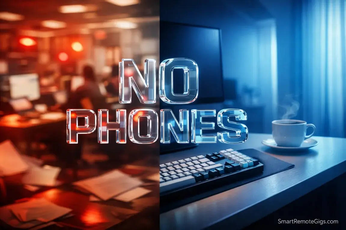 A split screen contrasting a stressful office with a calm, phone-free remote workspace for introverts.