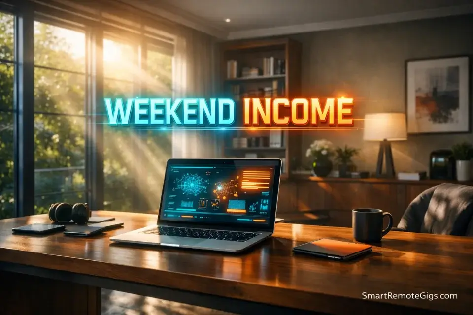 A premium home office on a sunny Saturday morning with 3D text for weekend remote jobs.