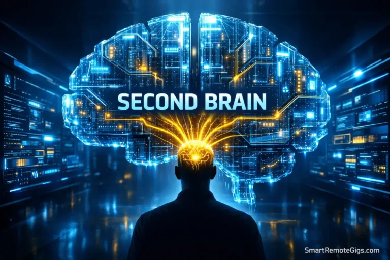 A futuristic illustration of a human mind connecting to a digital second brain system, representing knowledge management.