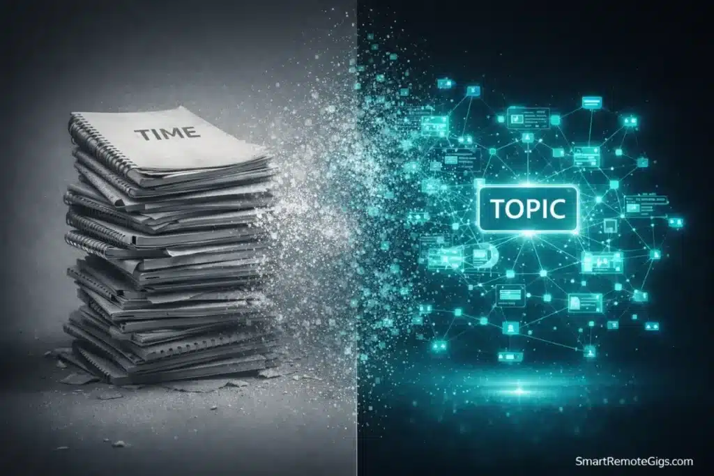 A visual comparison between linear chronological note-taking and networked topical note-taking.