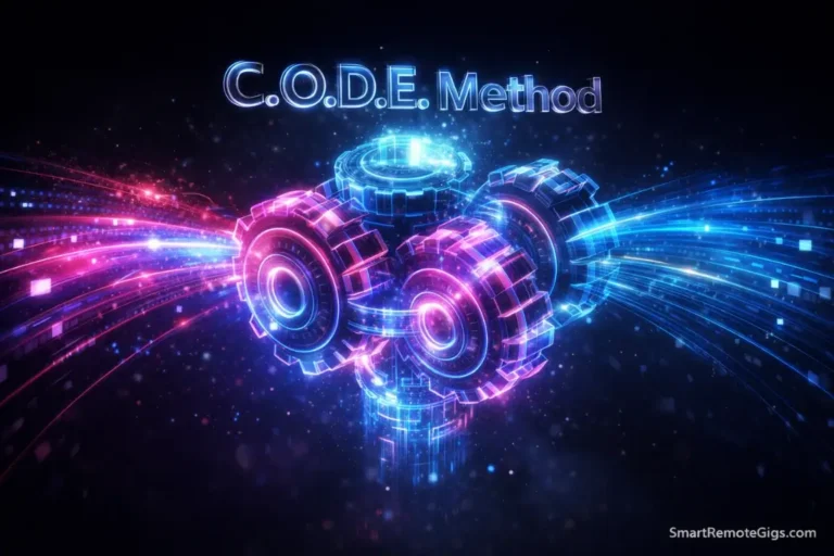 A futuristic 3D engine representing Tiago Forte's C.O.D.E. method workflow.
