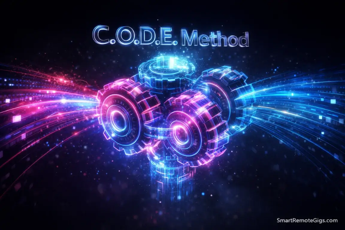 A futuristic 3D engine representing Tiago Forte's C.O.D.E. method workflow.