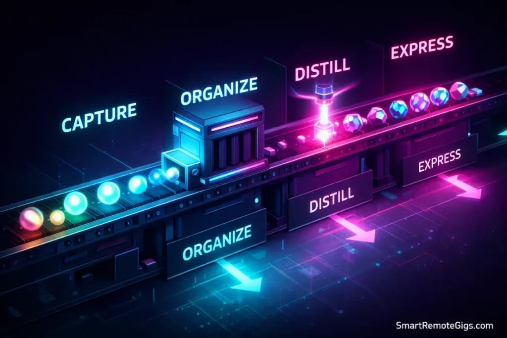 A 3D factory diagram illustrating Tiago Forte's C.O.D.E. workflow: Capture, Organize, Distill, Express.