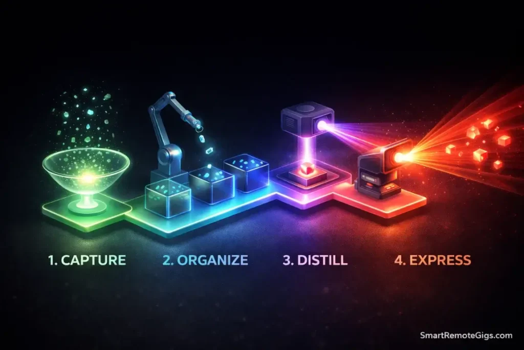 Isometric 3D diagram showing the four steps of the C.O.D.E. workflow.