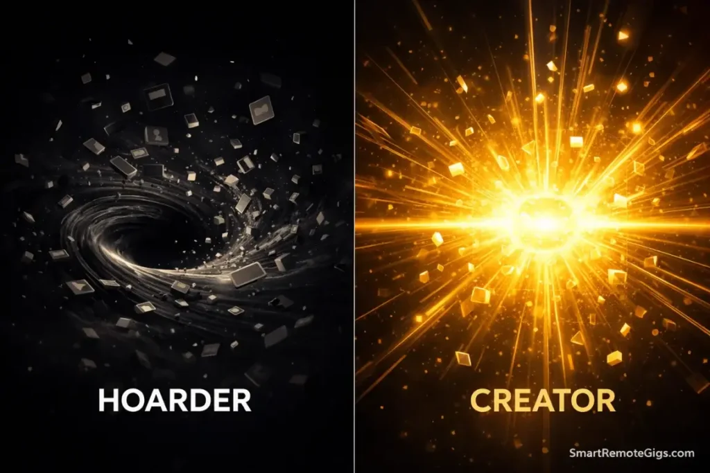 Visual comparison between a hoarding mindset (black hole) and a creative mindset (radiating sun).