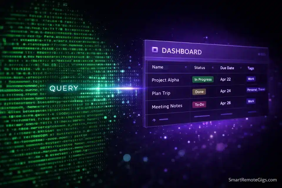 Visualization of the Dataview plugin transforming raw code into an organized project dashboard.
